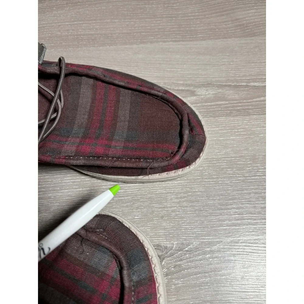 Hey Dude Mens 9 Wally Funk Wool Collection Plaid Burgundy Grey Loafers Casual